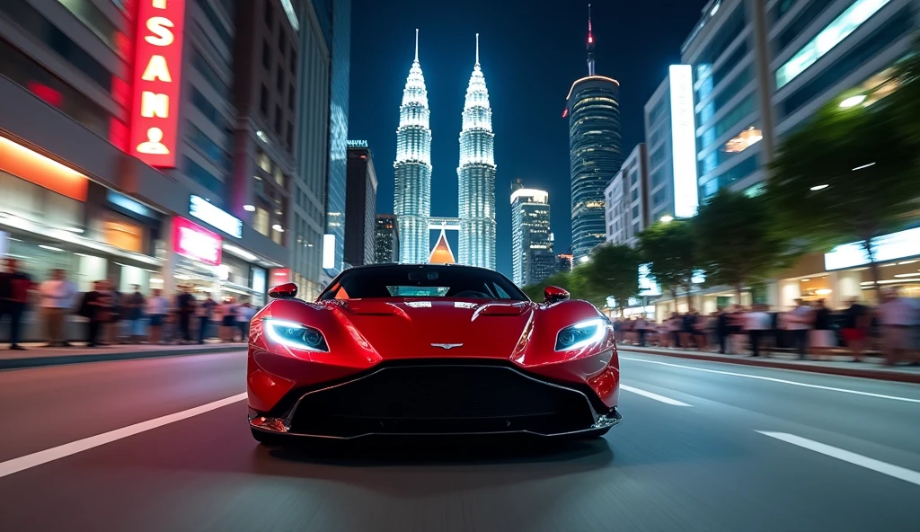 a photo of a red Aston Martin Vulcan ((45 degrees front view)) drifting on a road through Kuala Lumpur city centre, with KLCC Twin Tower in the background, with crowd watching from pavement, night time, busy city, neon lights, detailed and realistic photo. High resolution photo