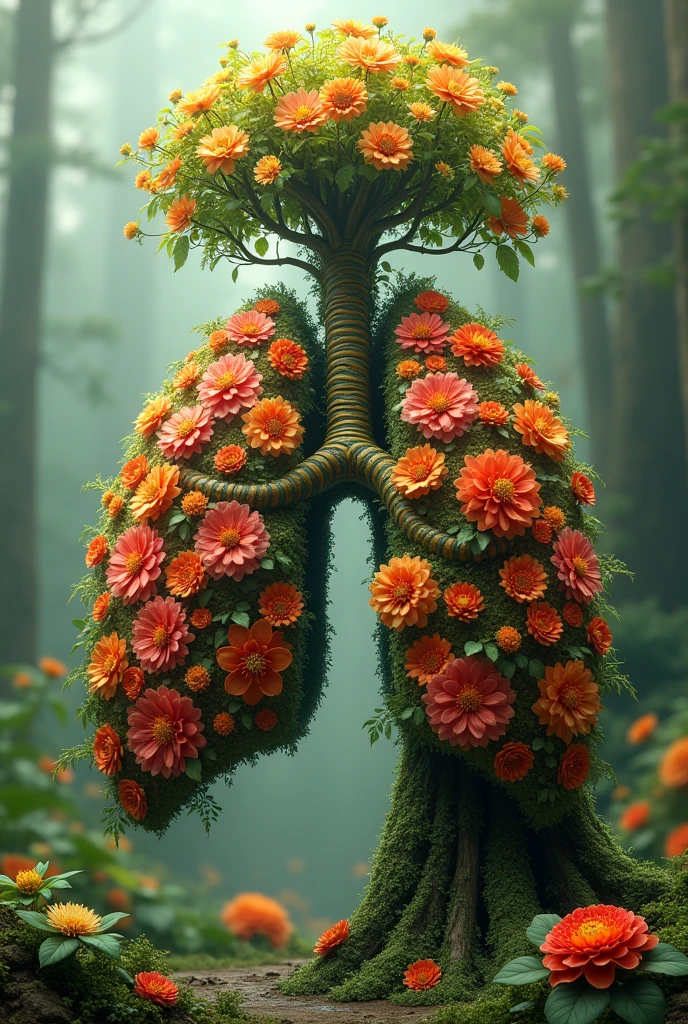 Hello, I would like you to help me create an image of a flowering lung with warm colors and green leaves.. This lung looks like a tree and has to have an air of being alive and breathing all of nature..