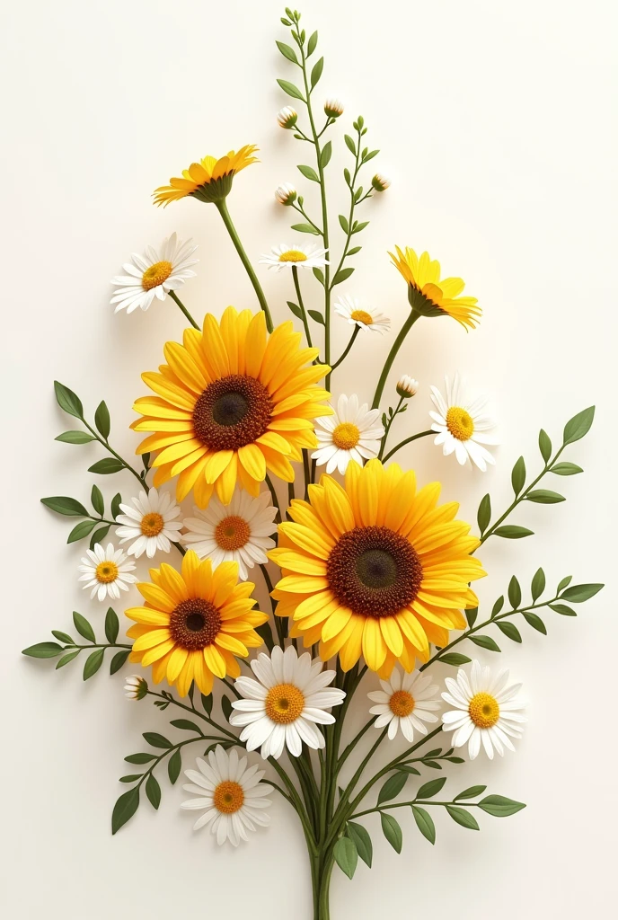 An elongated flower arrangement with sunflower, yellow gerbera, white daisy