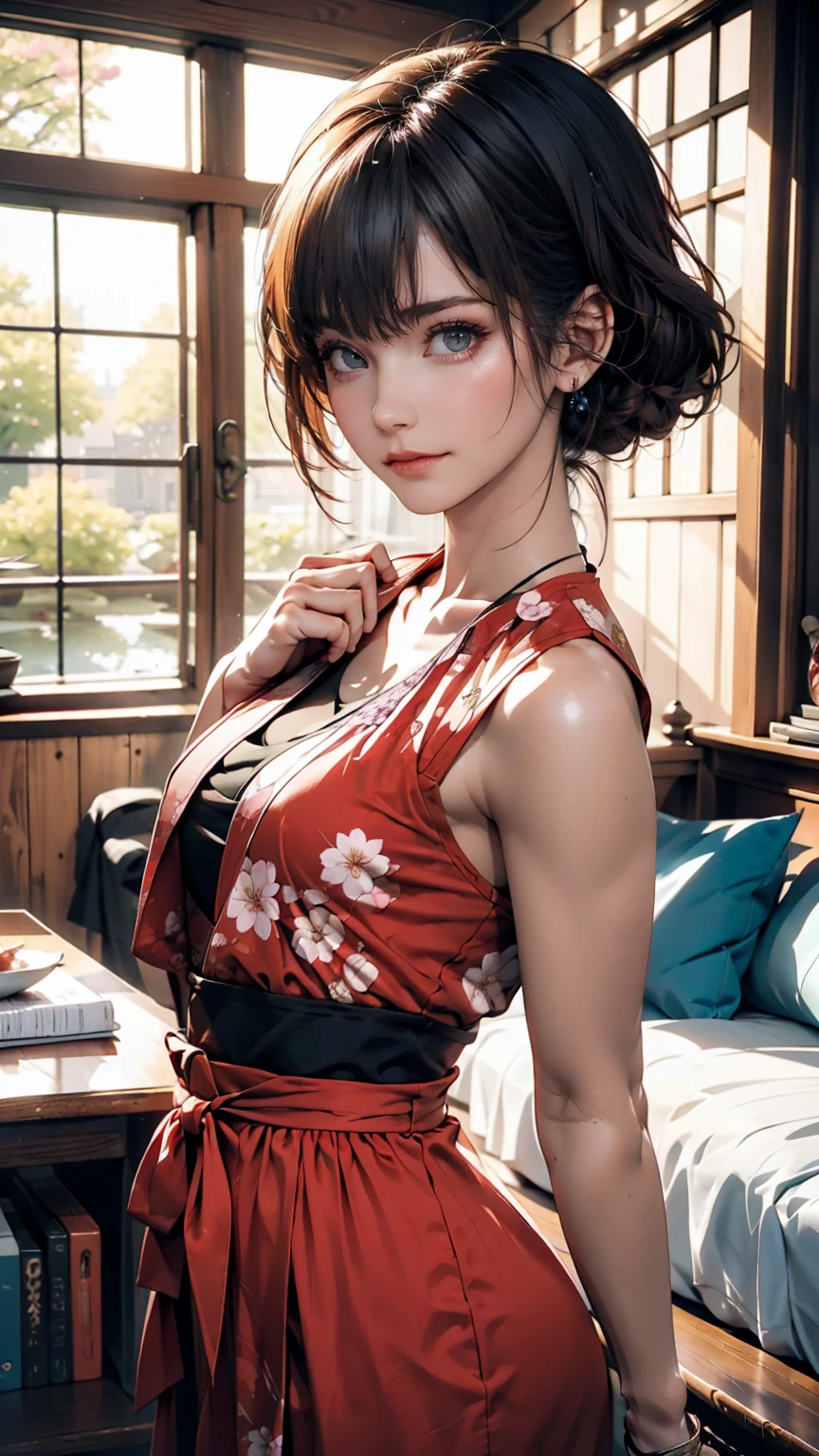 Shinobu Kocho's highly detailed and high resolution masterpiece, Beautiful yet terrifying dynamic action from the Demon Slayer Corps. The butterfly-themed costume features intricate detailing and、It accentuates the intense look on her face. Setting the sunset scene, A tranquil pond and cherry blossom petals in the background. Using rich colors and three-dimensional light、Expressing mysterious beauty and strength。.