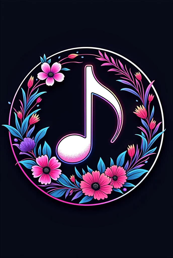 A logo circle musical note center and flower and pattern white black circle around. Background Neon very color