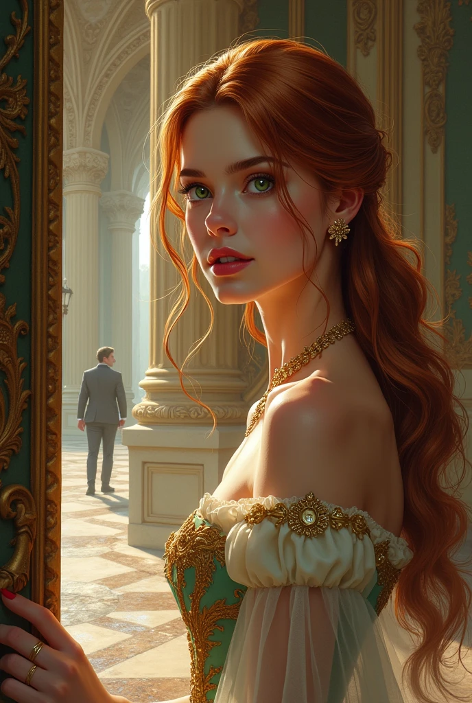 Drawing from a book of a beautiful princess with bronze hair and green eyes looking at a door inside a castle with someone knocking on the other side full body drawing
