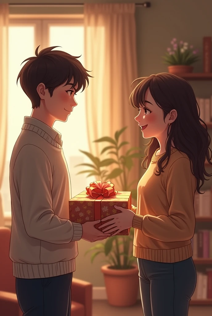 In drawing create two people giving a gift to another 
