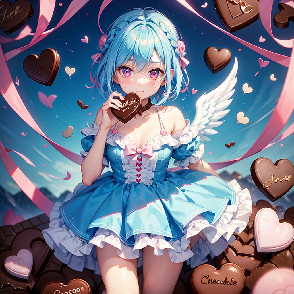 Sky Blue Hair、Braided Short Hair、Pink Eyes、Fair skin、whole body、One person、Shy、Lots of hearts in the background、(Heart-shaped chocolate)、(Chocolate Angel)、valentine's day、masterpiece、Highest quality、Very detailed、Best Shadow、Detailed Background、Beautifully detailed face、High contrast、Best lighting、Very delicate and beautiful、Cinematic light、Hyper Detail、8k、Dramatic Light、Exquisite detail、