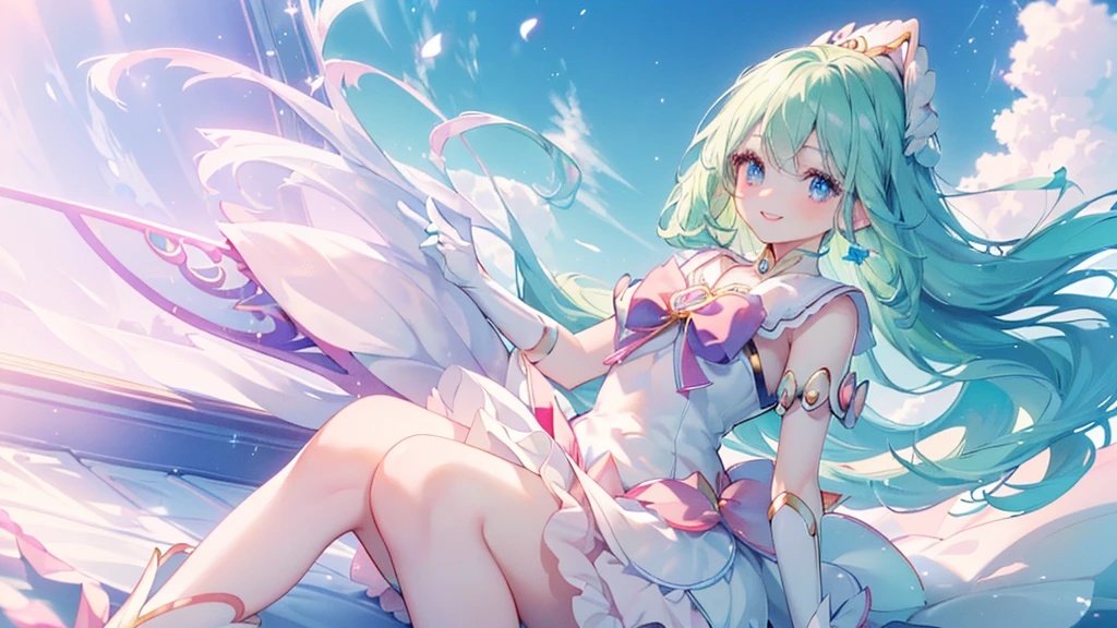 (Top view,Spread your hands), (((Highest quality、masterpiece、Ultra-fine、Ultra-fine、髪UP,Green Hair,Exquisite、Absolute area,dress,16K,cute,profile,Sitting,The best smile,Full HD,)), ( ((summer,One person,かわいいMagical girl,)))Blue Eyes、Long eyelashes、White skin、(Pale pink lips、Pale pink cheeks、thin and long)、((かわいいMagical girl,The best smile)), (One person)) 、(blue sky)) 、 ((Magical girl)