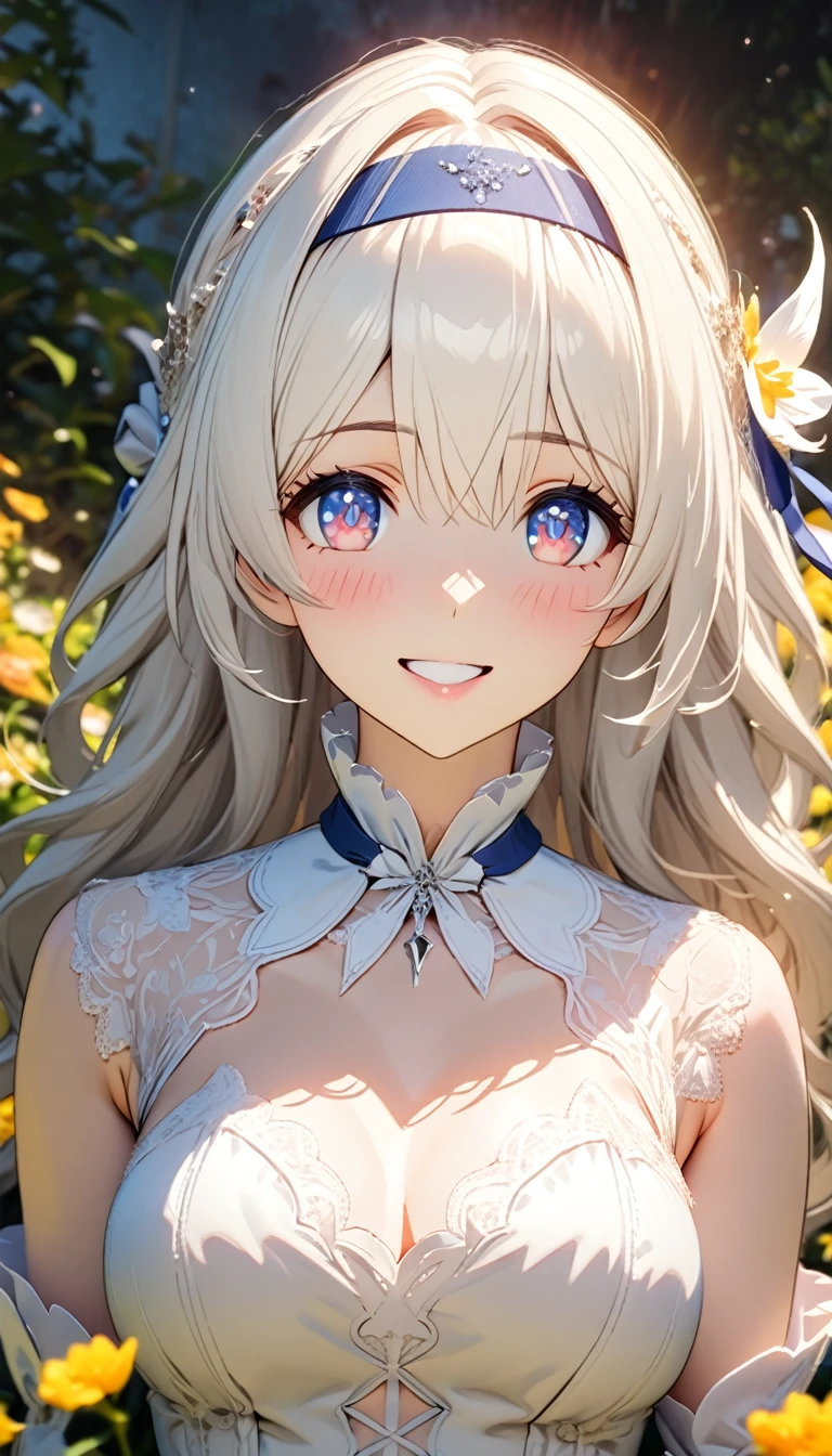 beautiful girl, Long white hair, Beautiful Face,smile,Close up to the hips, Beautiful breasts, In the middle of the flower garden, Wearing a beautiful wedding dress, (Open your mouth:0.4),figure,Detailed Texture(Realist),Very detailed,Portrait Style,Vibrant colors,Soft lighting, blush, mature, Hair fluttering, Evening Light , head band, Keyhole Crack , No bra