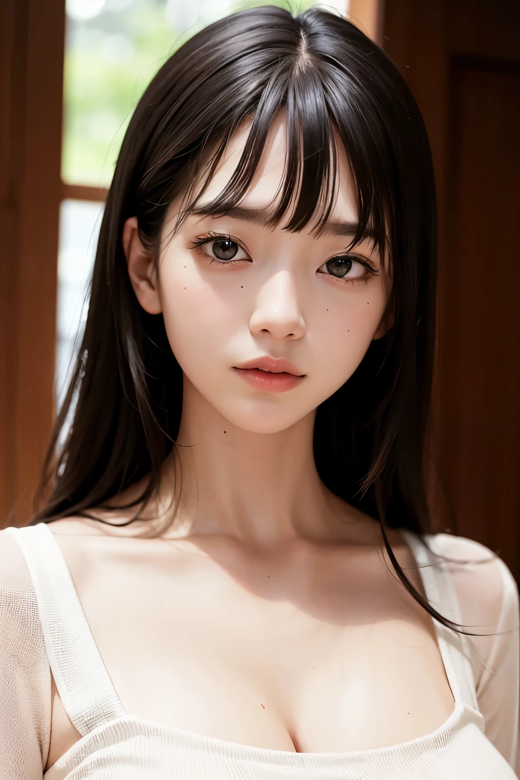 (masterpiece, Highest quality、全てを詳細にRealisticな描画),one person's, alone, Black-haired, scarf, Have, Realistic, Realistic, Looking at the audience, Light-coloured black eyes, Short brunette short bob hair, Brown coat,Beautiful glossy lips, prohibit, Plein Air, Upper Body、Big eyes、Beautiful view of sparkling snow lassi))、(((Short bob hair with bangs:1.4、Shiny Hair、prohibit:1.4、Big eyes、large full chest、Highlights the eyes、Gazing at the audience、Beautiful beauty、Listen carefully、Beautiful long neck、A beautiful and charming décolleté、Laugh a little、smile、幸せなsmile、Ideal body type、Beautiful faces with great detail、Beautiful highly detailed eyes、Very beautiful and attractive look、Beautiful and very cute attractive woman)))、{Huge|big|Hugeな|Mega} chest:2, 大きなchestの谷間:2、大きなchestの谷間を見せつける、