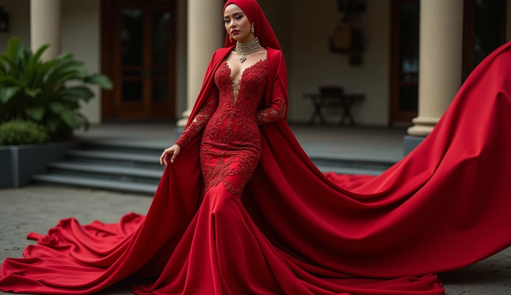 An malay woman in glamorous red mermaid evening dress, wear long slave bolero, long satin scarf wrapped around her arms, wear jewellery, wear modern satin hijab, entirety of fabric over dress about 7 meters in length trailing dramatically, glamours style, overlong dress train, extreme detail on the texture of the fabric, wear high heels, sexy random pose outdor, dramatic lighting, ultra realistic, high-resolution photography.