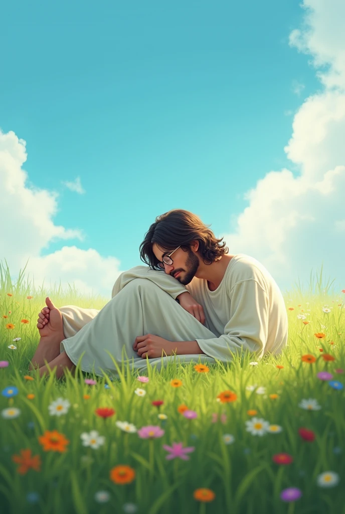 25 year old boy, dark haired, wearing rounded glasses, lying on Jesus&#39; lap in a field of green grass with flowers and the perfect sky. 
