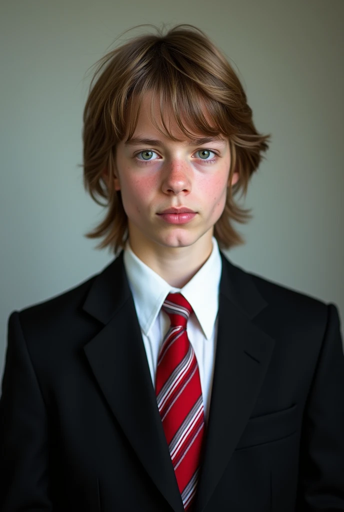 16 year old man with mullet hair wearing a black suit and red and white tie real photo
