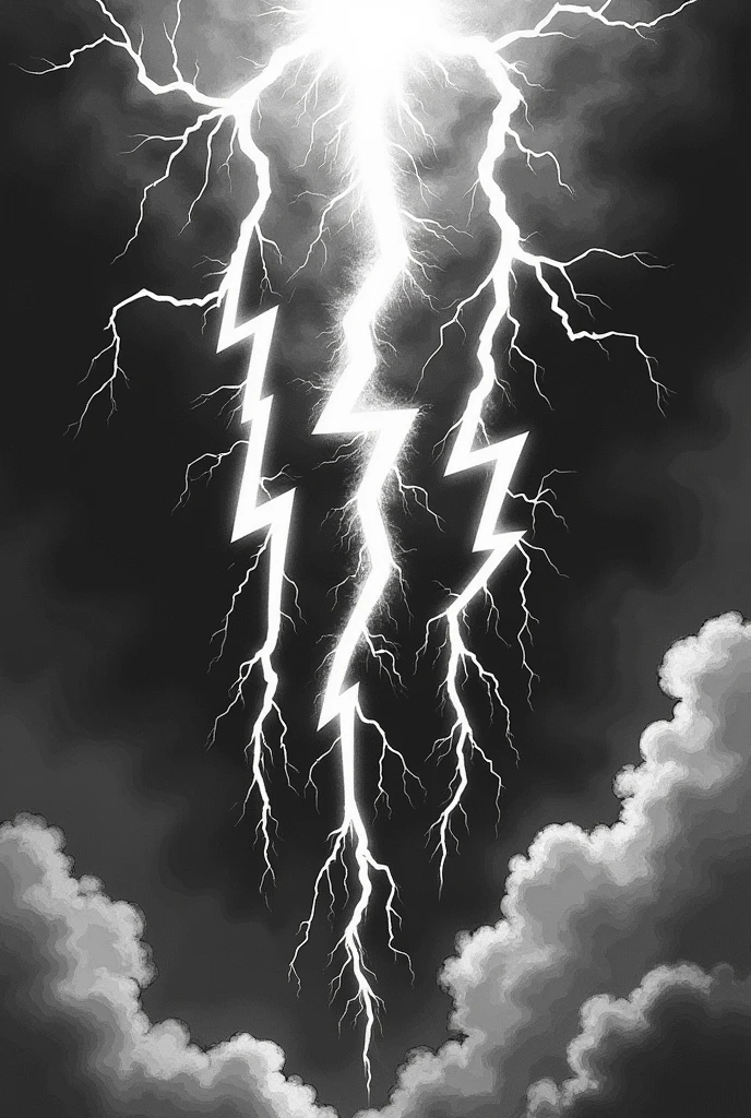A tattoo of 3 lightning bolts coming out of a cloud and meeting in the air in black and white.
