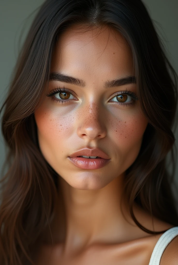 A hyper-realistic portrait of a young brunette woman with smooth, straight hair. She has a mix of European and Brazilian features, with dark eyes, a warm, slightly tanned complexion, and a naturally expressive face. She has full lips and a few subtle freckles on her cheeks. The woman is a pretty makeup, highlighting her natural beauty. The image captures intricate details of her skin, hair, and expression, with soft natural lighting. She is wearing simple, elegant clothing. The background is neutral, keeping the focus on her face, and the overall resolution is very high to capture every detail and real women