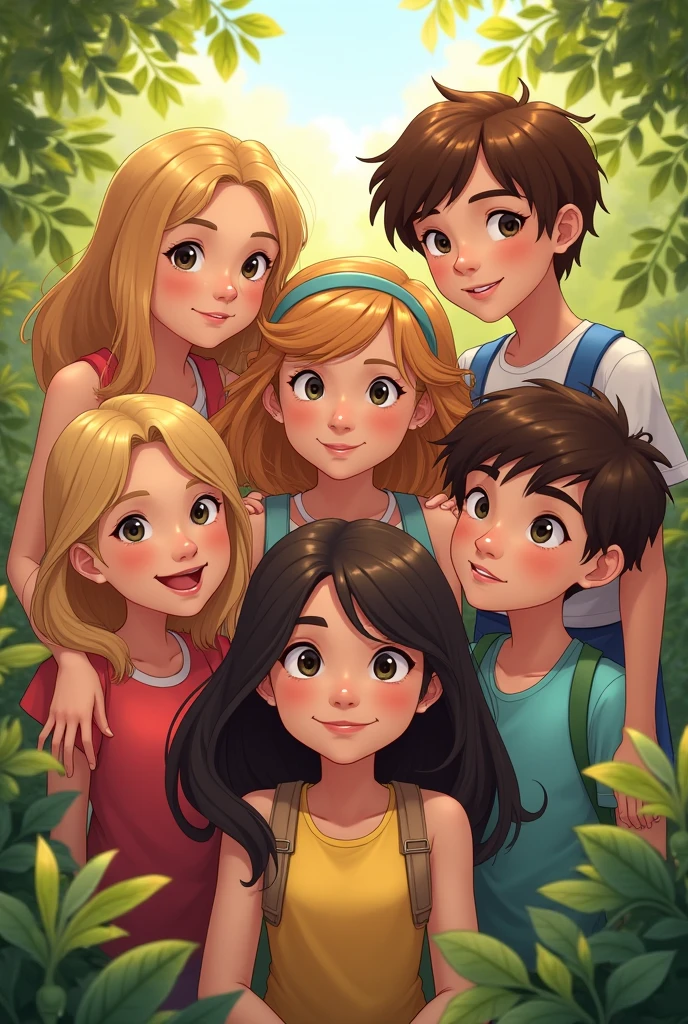5 friends: a blonde girl and a brunette 2 white and blonde boys and 1 brunette boy 