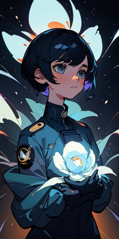(best quality, masterpiece), 1, galaxy, flash, jacket, Women, particle, wind, flower, Upper Body, Dark simple background, Looking at the audience, Navy blue short hair,