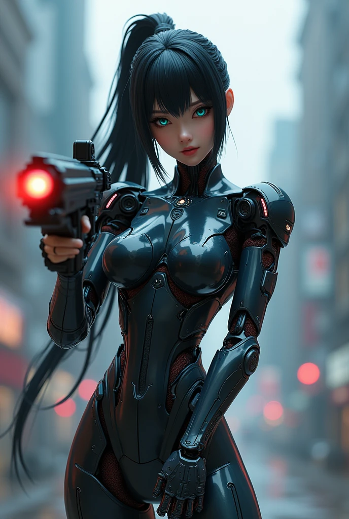 ((Robot Girl, Mecha)), Glowing Eyes, Delicate face, Black Warrior, Mechanical aura, Mechanical arm, Black Hair, Long Hair,Ponytail Ceramic Body, Thigh Gap, Small breasts, Cyber Background, Very nice city, (translucent, Reflex muscles), 8k, Highest quality, Very detailed, (Surrealism: 1.4), Aiming a mechanical gun, 