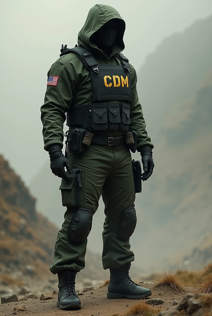 clothing of a CDM faction in a post apocalyptic world with a vest on the side that says CDM, the outfit is discreet with a dark green and black