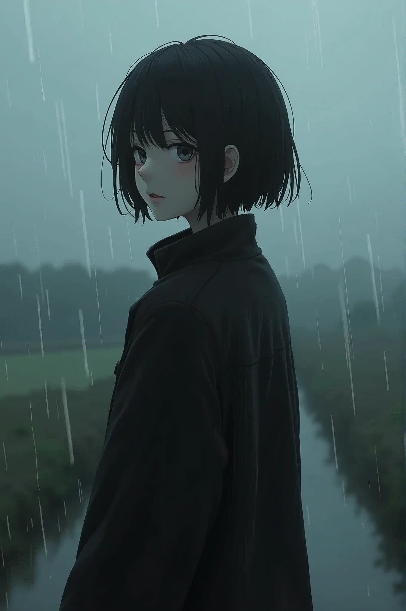 Girl with short hair , black jacket and turning his back with a rainy landscape