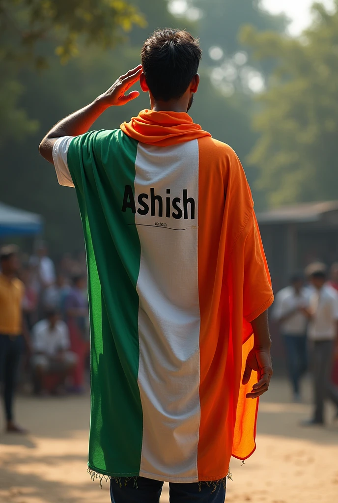 एक झण्डा कलर का कपड़ा पेना हुआ है सैल्यूट कर रहे हैं और उसके पीठ पर Ashish लिखा हुआ है 