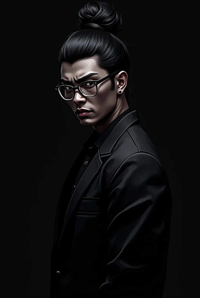 front logo man with glasses samurai bun style in pixel black color black attire black skin color african