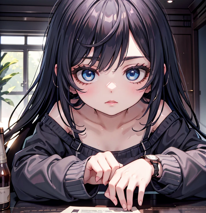 a beautiful girl with long brown hair, blue eyes, no bangs, wearing a white t-shirt with flowers and black sweatpants, with a watch on her right hand, blue mask over the face, (best quality,4k,8k,highres,masterpiece:1.2),ultra-detailed,(realistic,photorealistic,photo-realistic:1.37),detailed face, detailed eyes, detailed eyebrows, detailed nose, intricate details, cinematic lighting, vibrant colors, soft shadows, warm tones, natural lighting, photographic, digital painting, high definition, sharp focus