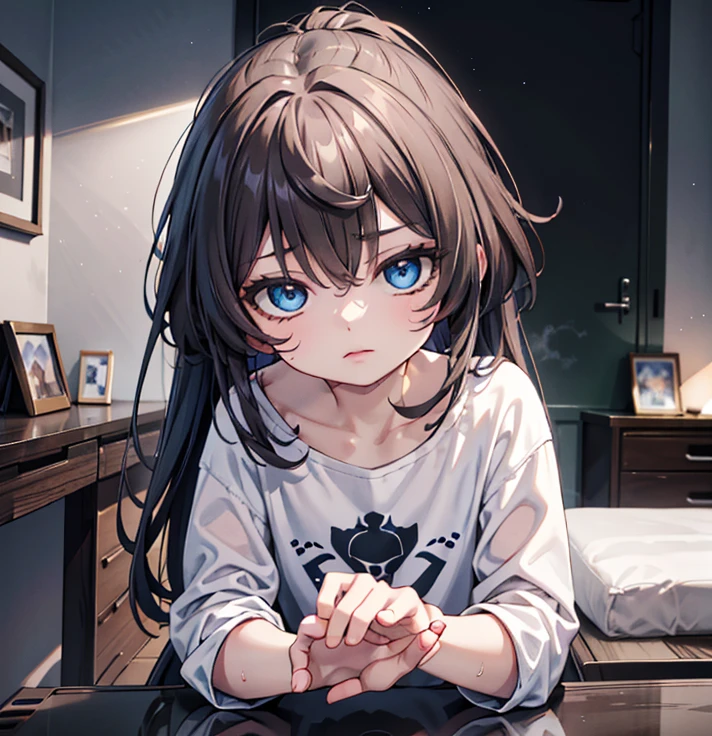 a beautiful girl with long brown hair, blue eyes, no bangs, wearing a white t-shirt with flowers and black sweatpants, with a watch on her right hand, blue mask over the face, (best quality,4k,8k,highres,masterpiece:1.2),ultra-detailed,(realistic,photorealistic,photo-realistic:1.37),detailed face, detailed eyes, detailed eyebrows, detailed nose, intricate details, cinematic lighting, vibrant colors, soft shadows, warm tones, natural lighting, photographic, digital painting, high definition, sharp focus