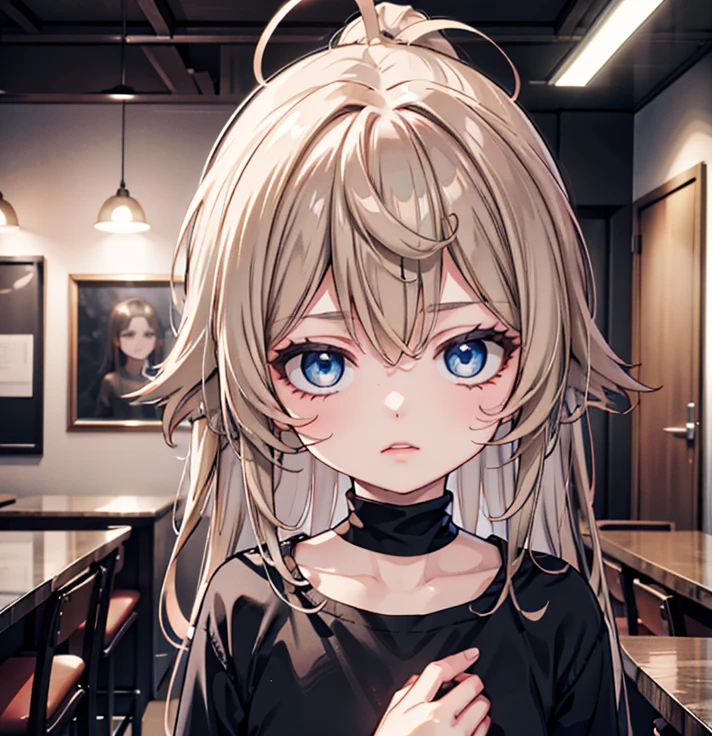 a beautiful girl with long brown hair, blue eyes, no bangs, wearing a white t-shirt with flowers and black sweatpants, with a watch on her right hand, blue mask over the face, (best quality,4k,8k,highres,masterpiece:1.2),ultra-detailed,(realistic,photorealistic,photo-realistic:1.37),detailed face, detailed eyes, detailed eyebrows, detailed nose, intricate details, cinematic lighting, vibrant colors, soft shadows, warm tones, natural lighting, photographic, digital painting, high definition, sharp focus