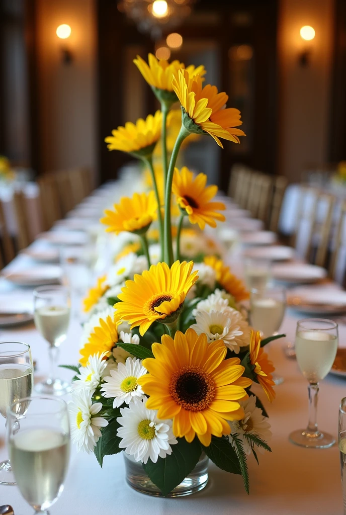 An elongated flower arrangement for a table for an event with a yellow gerbera sunflower and a white daisy