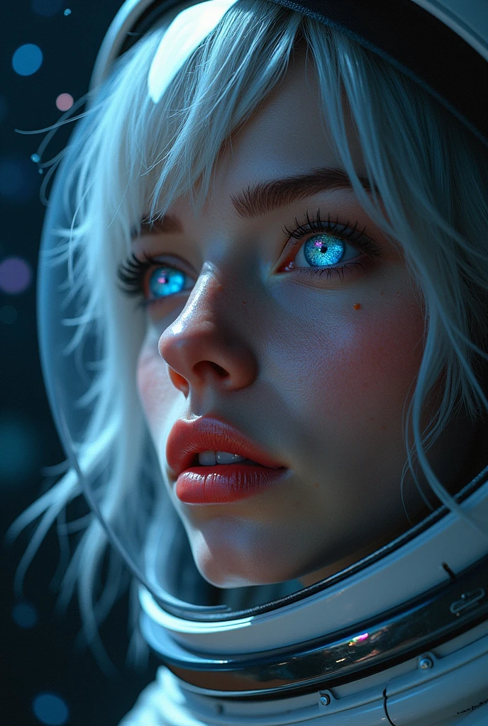 (Close-up of a better masterpiece: 1.5) 0.9], (Space and astronauts: 1.2) (Disheveled silver hair: 1.1) (Xanthochromia heterochromia and blue eyes: 1.2) (space helmet: 1.0) (colorful stars in the eyes: 1.0) (A radiant glow: 1.1) (thick lips: 0.9)