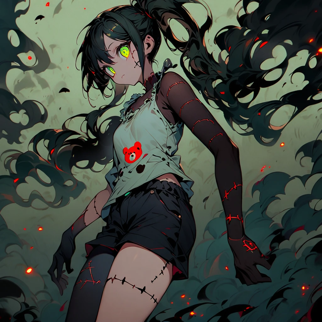 girl, Her body is marked by stitches on her pale skin. The stitched areas reveal different tones, as if parts of her body had been patched with skin of another color, left forearm in a dull blue coloration, left forearm in a dull green coloration, large dull brown spot in the area of the left eye, some brown spots on the legs, long straight black hair with two small ponytails, green eyes, loose white shirt with a bear print, black shorts, black socks.