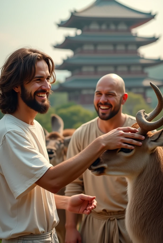 Viewed diagonally from above. Jesus Christ and a Japanese man interact with deer in Nara. They smile happily with wise and benevolent faces. they are shining. Surrounded by rainbow-colored light. Todaiji Temple can be seen in the background. Jesus and Buddha are wearing white T-shirts and jeans. Jesus of Nazareth is happily stroking the top of a deer's head. He is depicted as a gentle, gentle man with shoulder-length hair. His wavy brown hair flows over his shoulders. His face conveys deep wisdom and empathy, radiating warmth and understanding. The other man is depicted as a kind-hearted Japanese man with a Buddha-like shaved head and a gentle, cheerful expression. The Japanese man's face conveys deep wisdom and empathy, exuding warmth and understanding. Photography, close-up, highly detailed, trending at the art station, sharp focus, studio shot, intricate details, Greg Rutkowski,