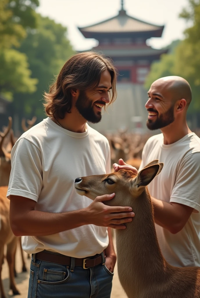 Viewed diagonally from above. Jesus Christ and a Japanese man interact with deer in Nara. They smile happily with wise and benevolent faces. they are shining. Surrounded by rainbow-colored light. Todaiji Temple can be seen in the background. Jesus and Buddha are wearing white T-shirts and jeans. Jesus of Nazareth is happily stroking the top of a deer's head. He is depicted as a gentle, gentle man with shoulder-length hair. His wavy brown hair flows over his shoulders. His face conveys deep wisdom and empathy, radiating warmth and understanding. The other man is depicted as a kind-hearted Japanese man with a Buddha-like shaved head and a gentle, cheerful expression. The Japanese man's face conveys deep wisdom and empathy, exuding warmth and understanding. Photography, close-up, highly detailed, trending at the art station, sharp focus, studio shot, intricate details, Greg Rutkowski,