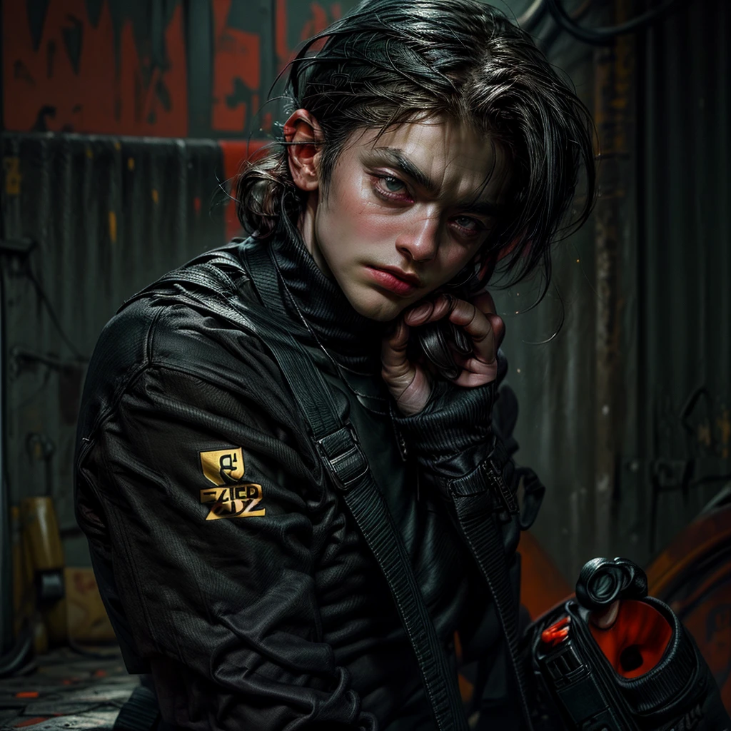 detailed young man with short brown hair, green eyes, and a confident sensual smile, wearing a punk style haircut with shaved sides, tattoos, carrying a Gatling gun, standing in a dynamic and virile pose, punching with large muscles, wearing a petrol blue jacket, ammunition belt, and gloves, set in an abandoned building background with junk, highly detailed, photorealistic, 8k digital art, colors of cyan, green, orange, and brown