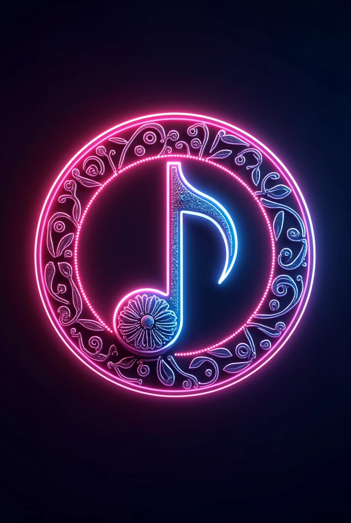 A logo circle musical note center and flower and pattern white black around. Background Neon