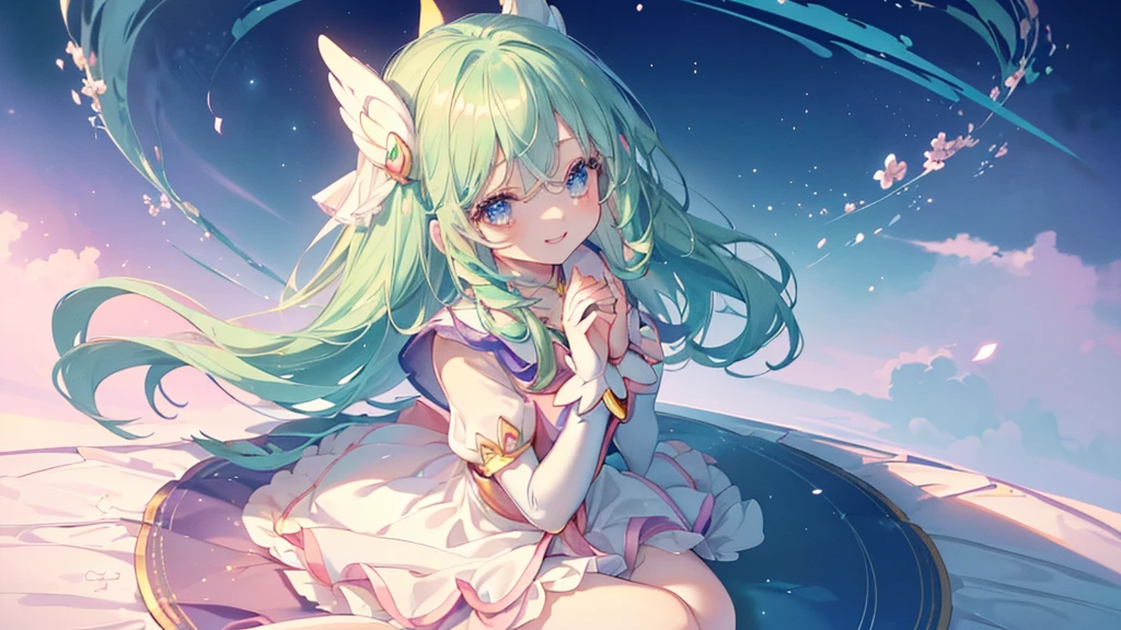 (Top view,Spread your hands), (((Highest quality、masterpiece、Ultra-fine、Ultra-fine、髪UP,Green Hair,Exquisite、Absolute area,dress,16K,cute,profile,Sitting,The best smile,Full HD,)), ( ((summer,One person,かわいいMagical girl,)))Blue Eyes、Long eyelashes、White skin、(Pale pink lips、Pale pink cheeks、thin and long)、((かわいいMagical girl,The best smile)), (One person)) 、(blue sky)) 、 ((Magical girl)