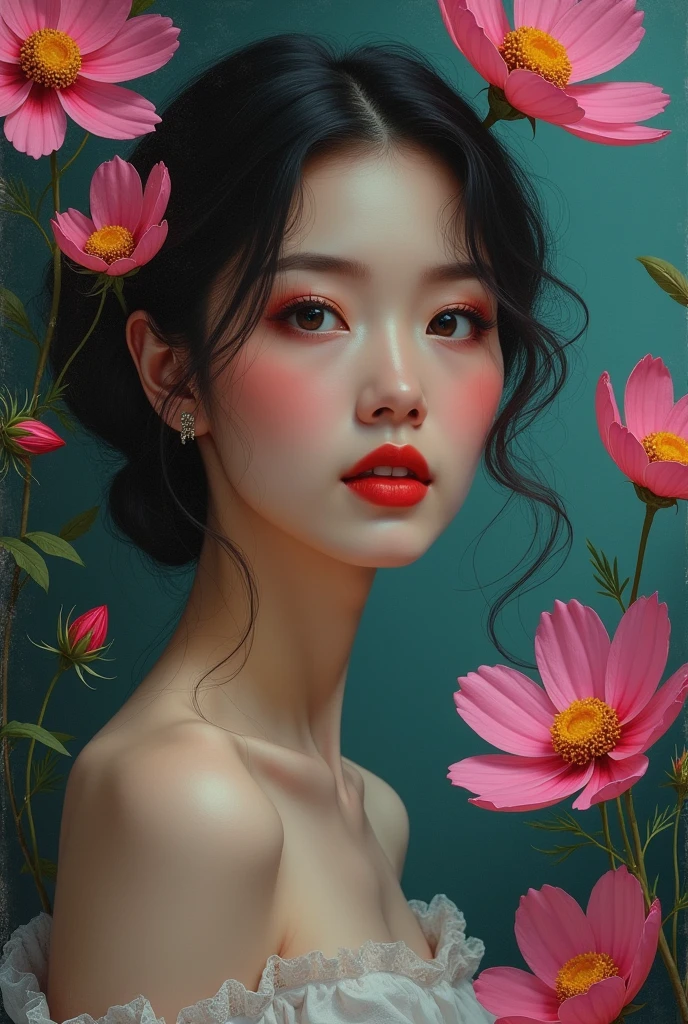 Chiaroscuro on a sensual painting of an elegant oriental woman , retro and vintage ,Chocolate Cosmos (Cosmos Artrosanguneus) Around the body, matte painting, Hannah Dale, By Harumi Hironaka, very soft colors, vibrant, pastel, highly detailed, Digital Artwork, high contrast, dramatic, Refined, Tone of, golden ratio, masterpiece, best quality, ultra high resolution, 1 woman, portrait, (abstract art:1.4), (Brushstrokes), (fancy:1.1), bleeding blue, blue theme, visually Very cool, beautiful, reminiscent, emotional, side view, perfect lighting, perfect shading, volumetric lighting, underground spawning, detailed, convoluted, perfect body, Very cool, very cool, beautiful, (beautiful face), (realistic:1.4),