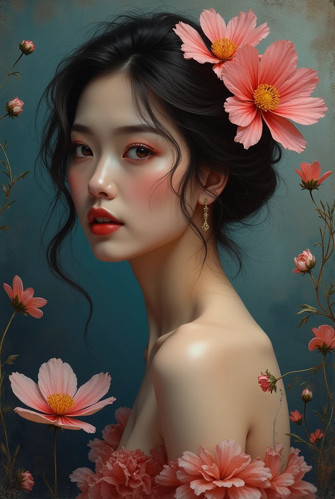 Chiaroscuro on a sensual painting of an elegant oriental woman , retro and vintage ,Chocolate Cosmos (Cosmos Artrosanguneus) Around the body, matte painting, Hannah Dale, By Harumi Hironaka, very soft colors, vibrant, pastel, highly detailed, Digital Artwork, high contrast, dramatic, Refined, Tone of, golden ratio, masterpiece, best quality, ultra high resolution, 1 woman, portrait, (abstract art:1.4), (Brushstrokes), (fancy:1.1), bleeding blue, blue theme, visually Very cool, beautiful, reminiscent, emotional, side view, perfect lighting, perfect shading, volumetric lighting, underground spawning, detailed, convoluted, perfect body, Very cool, very cool, beautiful, (beautiful face), (realistic:1.4),