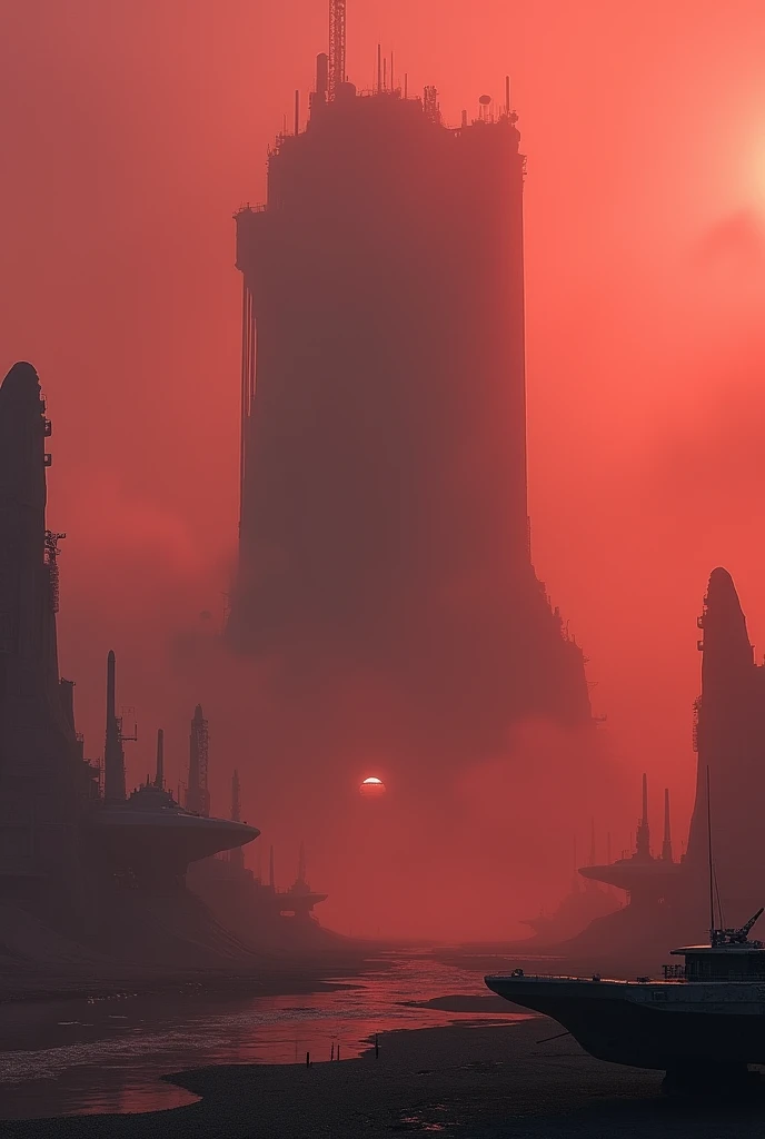 a large building in the middle of a foggy area, a detailed matte painting, by Christopher Balaskas, looking at spaceships at dock, still from a ridley scott movie, red illuminating fog, derelict space ship