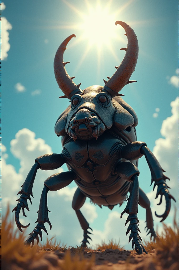 Make me look like a rhinoceros beetle with its horns pointing up at the sun above it