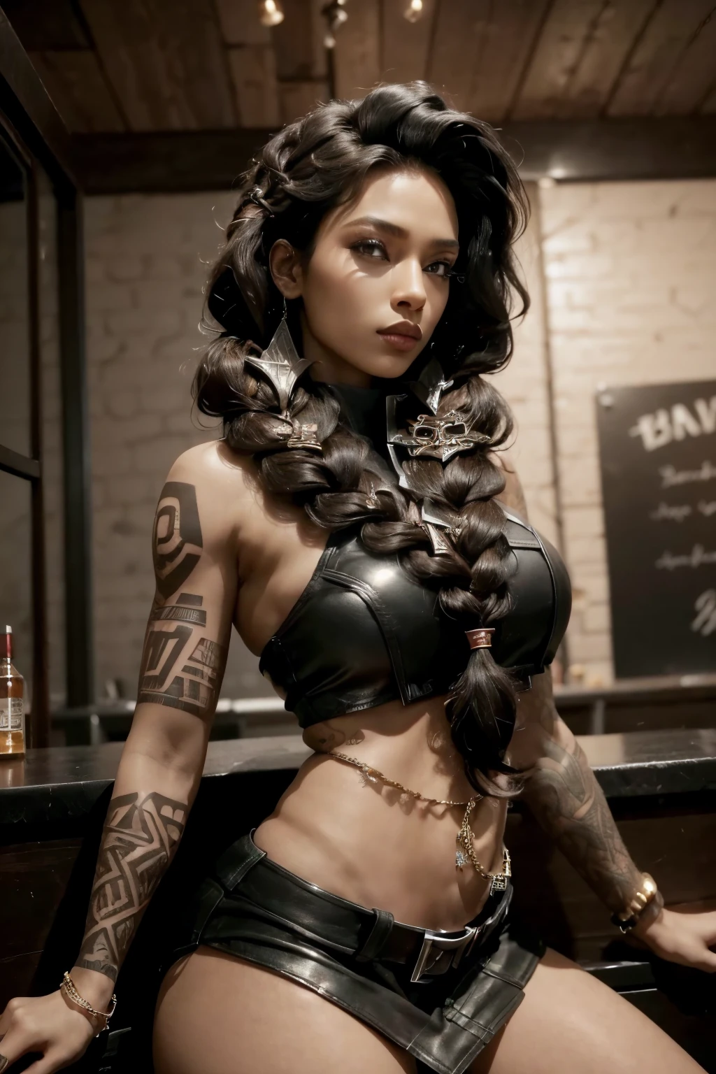 (samira league of legends), Braid, long hair, Bblack hair,tattoo's,tattoo on short black leather bar,(brown skin:1.2), looks seductive, posse sexy, high resolution, super detaill, 8k, in a dark place, Overview
