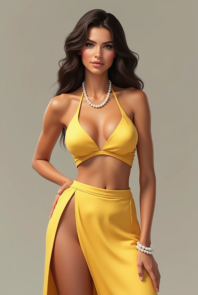 A woman poses confidently against a neutral background, wearing a stylish, form-fitting outfit in a soft yellow shade. The garment features a halter neckline and a high slit, showcasing her toned midriff. Her accessories include pearl bracelets, adding an elegant touch. Her hair falls in soft waves around her shoulders, and she gazes directly at the camera with a serene expression.