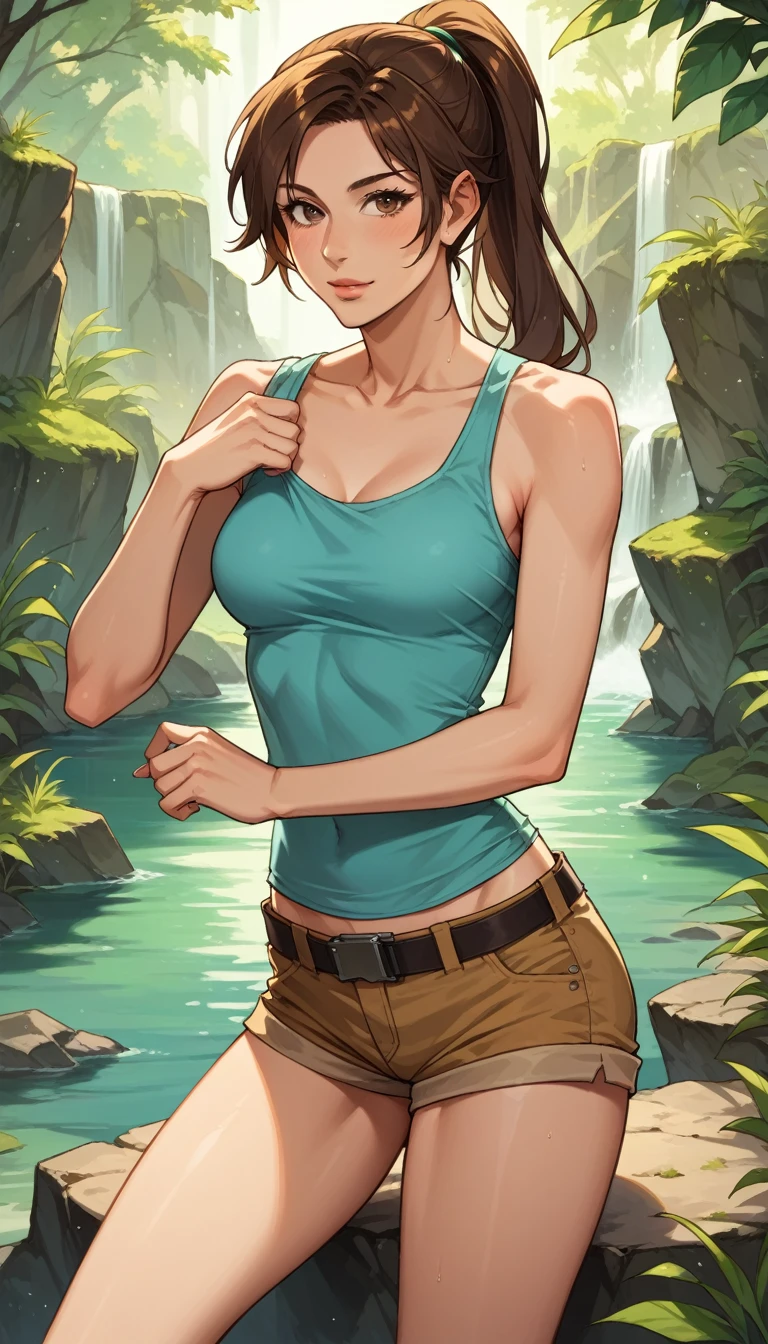cowboy shot, lara croft in light blue tank top and brown shorts and hip holsters on both legs, 1980s \(style\), 1girl, Full-body figure, dark brown hair, single braid hair, retro artstyle, looking at viewer, solo, light blue tank top, big tits, (naked_breasts:1.2), big_breasts, cleavage, jungle waterfall in the background