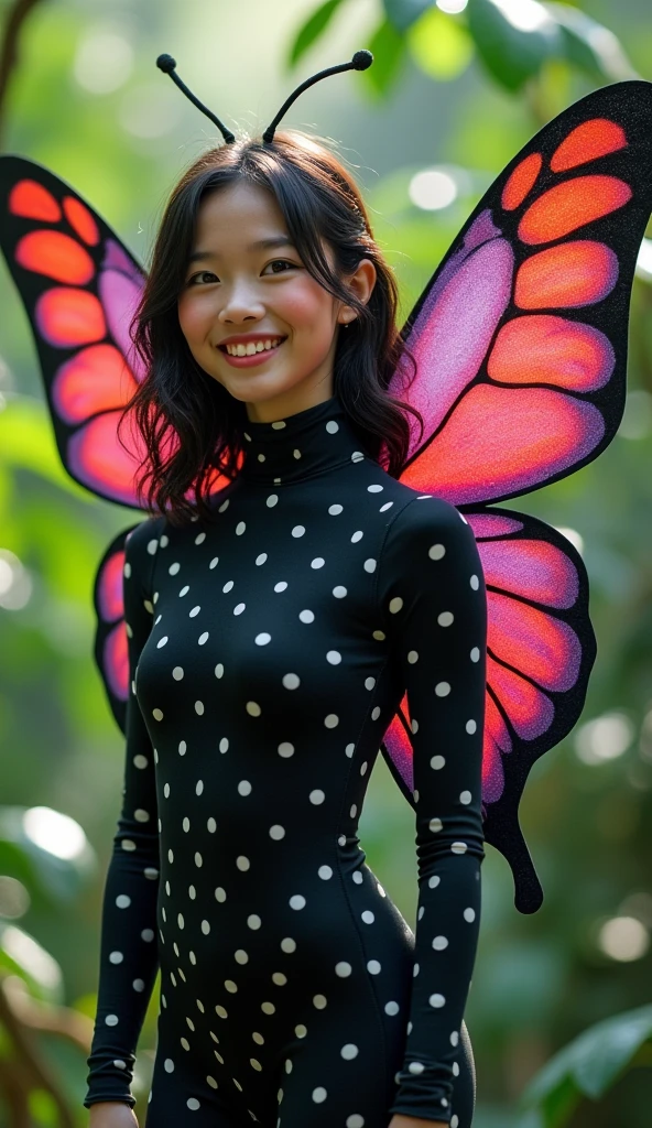 The beautiful asian adult girl with beautiful cheeks wears shiny red beautiful parrot lycra turtleneck unitard catsuit covered with a lot of scales with wings and lycra elastane dancewear hood.She is happy.