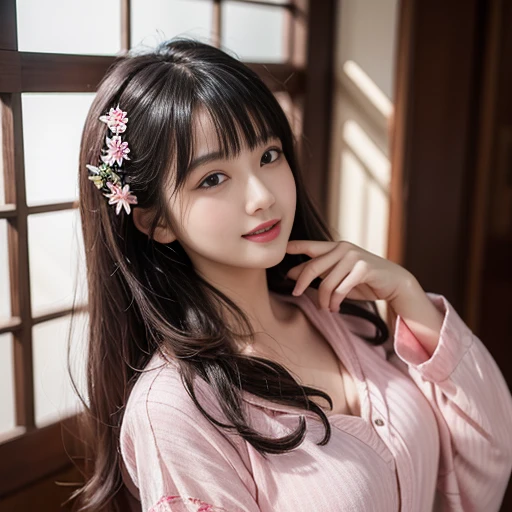 best quality, Delicate face,beautiful visual work, lifelike, eternity, black hair, Long curly hair, blunt bangs, Smile, Detailed Background, Delicate face,blush,cold,((masterpiece))、(top quality)、8k、high detail、Super detailed,41-year-old female,Wearing a yukata, masterpiece、born、Scenes resembling fairy tale illustrations、intricate details和複雜的設計、Beautifully、magic、capricious、 Beautifully、Dream aesthetics、「𝓡𝓸𝓶𝓪𝓷𝓽𝓲𝓬、ethereal、charming、fickle、magic」、realism、Visual effects、FXAA、SSAO、Shader、voiceless、ambient lighting、Tone mapping、High resolution、Ultra high quality、Million pixels、(8K resolution:1.10)、8k、8k以下、8K resolution、high detail、intricate details, (high quality:1.2、masterpiece:1.2、:1.21)、(41-year-old female:1.21)、(興奮地Smile)、(Surrounded by a dreamy atmosphere、Model diagram,full-body shot,Normal 2 feet,Put your hands behind you,The protrusion of the breast is visible when wearing clothes, Large Breasts, H cup chest, pink clothes, Don't show your fingers, full-body shot, full-body shot,full-body shot,full-body shot,full-body shot,full-body shot,full-body shot,full-body shot,hands hidden in clothes, hands hidden in clothes,hands hidden in clothes,hands hidden in clothes,hands hidden in clothes,hands hidden in clothes,hands hidden in clothes,hands hidden in clothes,hands hidden in clothes, ,hands hidden in sleeves ,hands hidden in sleeves ,hands hidden in sleeves ,hands hidden in sleeves ,hands hidden in sleeves ,hands hidden in sleeves ,hands hidden in sleeves ,hands hidden in sleeves, arms behind back, arms behind back,Pink and white yukata with flower pattern, Pink and white floral pattern yukata, Yukata with cherry blossom pattern on it, White yukata with cherry blossoms printed on it, In Sakura Tree Park, Maruyama Park in Japan is full of cherry blossoms