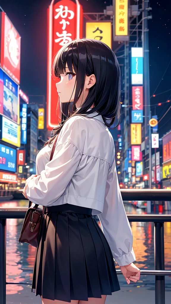 Traveling across Dotonbori Bridge in Osaka。A young girl with black hair wearing stylish clothes and headphones labeled "lo-fi" The girl is shown in profile, gazing into the distance with a calm, relaxed expression Background depicts the iconic scenery of Namba, Osaka at night, without any text on signs A starry night sky adding to the peaceful atmosphere Overall mood is quiet and serene, perfect for lo-fi music Detailed hair rendering and careful attention to the girl's fashionable outfit The entire scene should evoke a relaxing, introspective feeling associated with lo-fi music