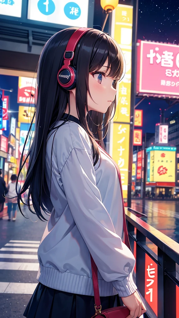 Traveling across Dotonbori Bridge in Osaka。A young girl with black hair wearing stylish clothes and headphones labeled "lo-fi" The girl is shown in profile, gazing into the distance with a calm, relaxed expression Background depicts the iconic scenery of Namba, Osaka at night, without any text on signs A starry night sky adding to the peaceful atmosphere Overall mood is quiet and serene, perfect for lo-fi music Detailed hair rendering and careful attention to the girl's fashionable outfit The entire scene should evoke a relaxing, introspective feeling associated with lo-fi music