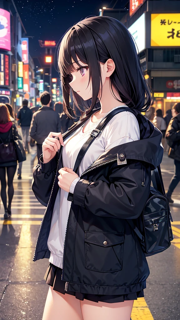 Traveling across Dotonbori Bridge in Osaka。A young girl with black hair wearing stylish clothes and headphones labeled "lo-fi" The girl is shown in profile, gazing into the distance with a calm, relaxed expression Background depicts the iconic scenery of Namba, Osaka at night, without any text on signs A starry night sky adding to the peaceful atmosphere Overall mood is quiet and serene, perfect for lo-fi music Detailed hair rendering and careful attention to the girl's fashionable outfit The entire scene should evoke a relaxing, introspective feeling associated with lo-fi music