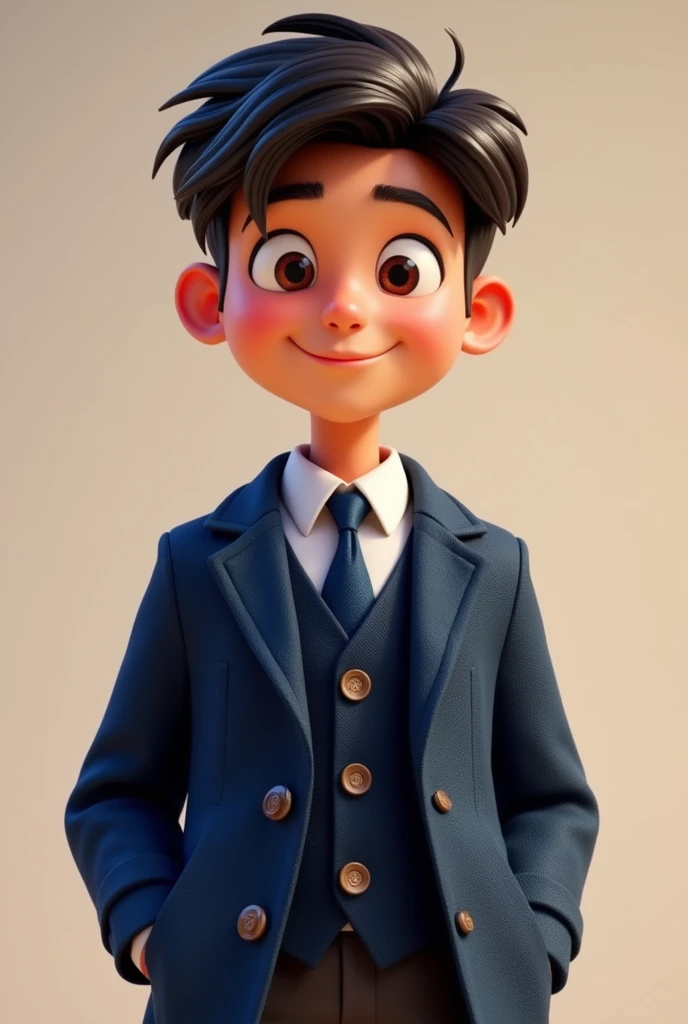 GENERATE A STUDENT PIXAR STYLE OPEN DARK BLUE WOOL JACKET WITH BUTTONS DARK BLUE TIE AND WHITE SHIRT WITHOUT JACKET
