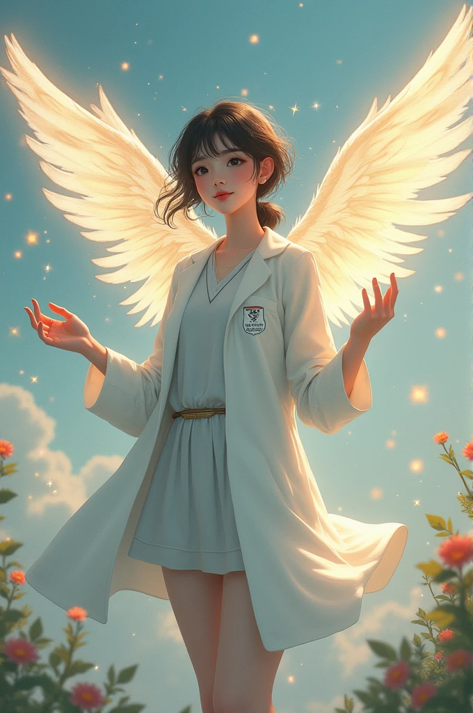 Create a picture of a doctor girl with wings of peace and harrasment hands
Give a artistic touch
