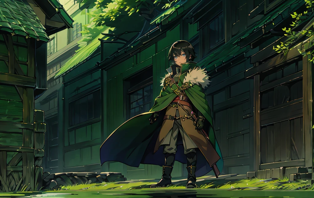 yuichiro hyakuya, (WithoutFear:1), 1 boy, black hair, green eyes, brown coat, gray armor, green shield, green cloak, dark brown gloves, town, white fur trim, tall, anime, standing, good quality, portrait, looking at viewer
