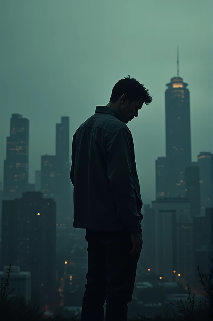 Cover of a movie, whatever title it may be "the remuneration" with the silhouette of a depressed man with the city in the background